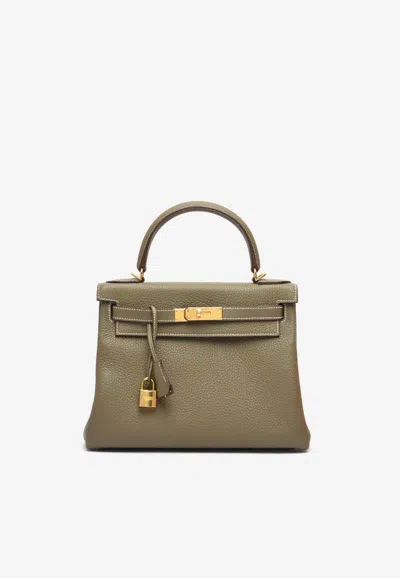 Hermes Kelly Retourne 28 In Etoupe Clemence Leather With Gold Hardware In Green