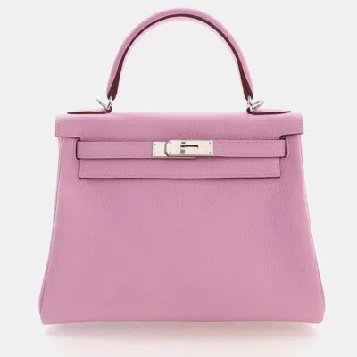 Pre-owned Hermes Kelly Retourne 28 Mauve Sylvestre Togo Calfskin Leather Top Handle Bag In Pink