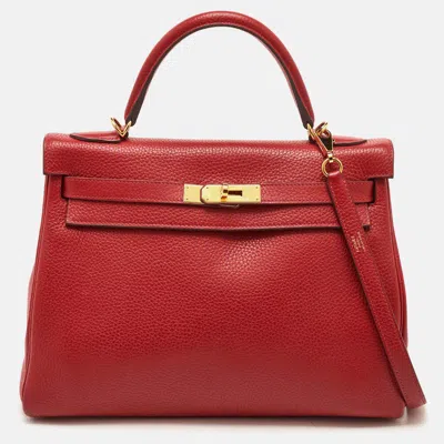 Pre-owned Hermes Hermès Kelly Retourne 32 Gold Finish Rouge Grenat Clemence Leather Top Handle Bag In Red