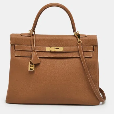 Pre-owned Hermes Kelly Retourne 35 Gold Finish Gold Togo Leather Top Handle Bag