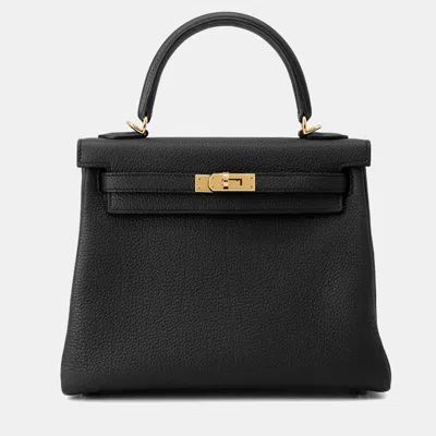 Pre-owned Hermes Kelly Retourne Black Togo Leather Size 25