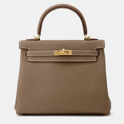 Pre-owned Hermes Kelly Retourne Etoupe Togo Leather 25 In Brown