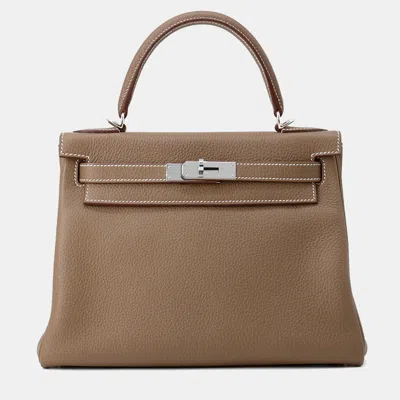 Pre-owned Hermes Kelly Retourne Etoupe Togo Leather Size 28 In Brown