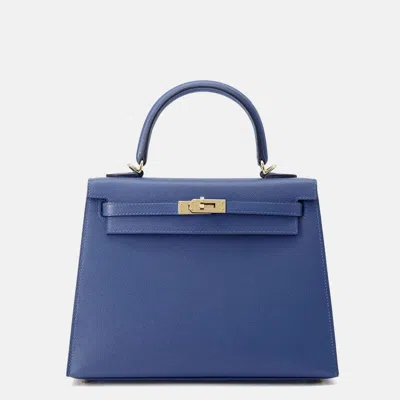 Pre-owned Hermes Kelly Sellier 25 Blue Tie Veau Madame Bag