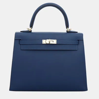 Pre-owned Hermes Kelly Sellier 25 Leather Bag In Blue