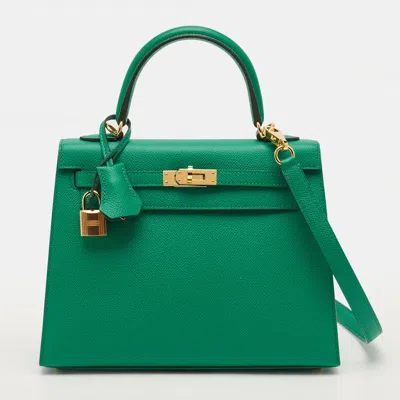 Pre-owned Hermes Kelly Sellier 25 Palladium Finish Vert Jade Epsom Leather Bag In Green