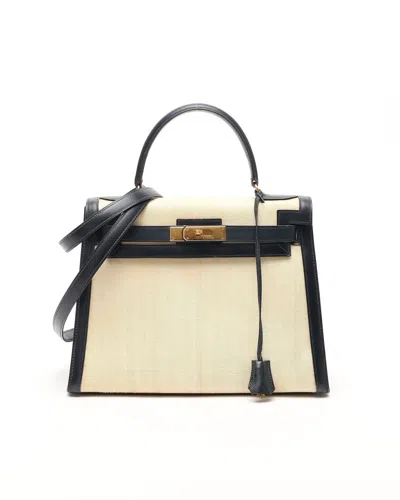 Pre-owned Hermes Hermès Kelly Sellier 28 Bleu Marine Box Toile Canvas Bag In Multi
