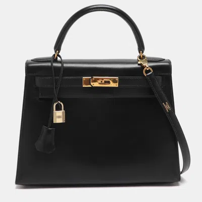 Pre-owned Hermes Kelly Sellier 28 Gold Finish Black Box Calf Leather Bag