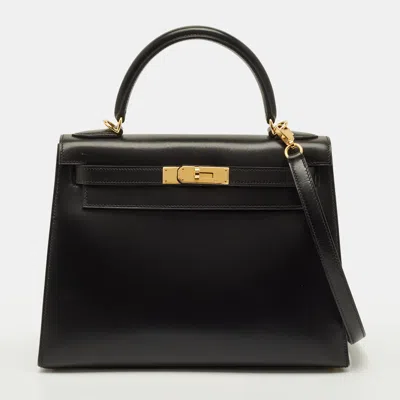 Pre-owned Hermes Kelly Sellier 28 Gold Finish Noir Box Leather Top Handle Bag In Black