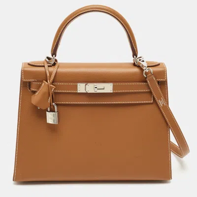 Pre-owned Hermes Kelly Sellier 28 Palladium Finish Gold Epsom Leather Top Handle Bag In Brown