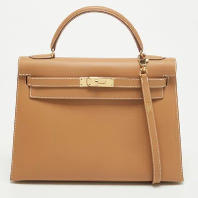Pre-owned Hermes Kelly Sellier 32 Gold Finish Natural Sable Veau Butler Leather Top Handle Bag In Brown