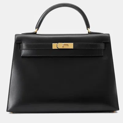 Pre-owned Hermes Kelly Sellier Black Box Calf Leather Handbag 32