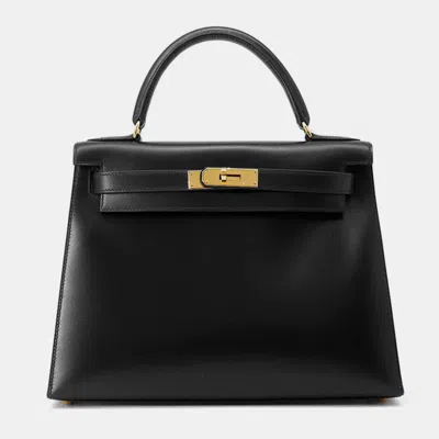 Pre-owned Hermes Kelly Sellier Black Box Calf Leather Size 28