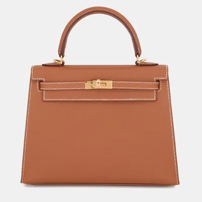 Pre-owned Hermes Kelly Sellier Gold Epsom Size 25 In Brown