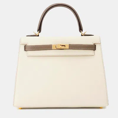 Pre-owned Hermes Kelly Sellier Spo 25 Craie/etoupe Epsom Handbag In White