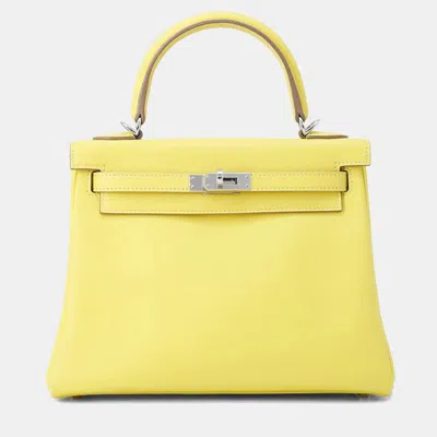 Pre-owned Hermes Kelly Size 25 Retourne Lime Swift Leather Bag In Yellow