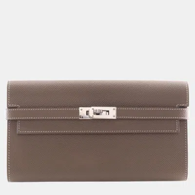 Pre-owned Hermes Kelly To Go Etoupe Epsom Calfskin Leather Crossbody Wallet Bag In Sand