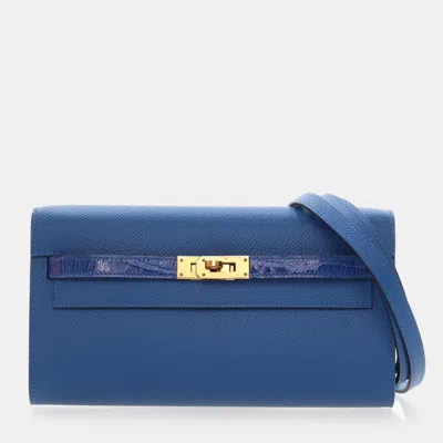 Pre-owned Hermes Kelly To Go Mykonos Epsom Calfskin Leather Wallet On Chain In Blue