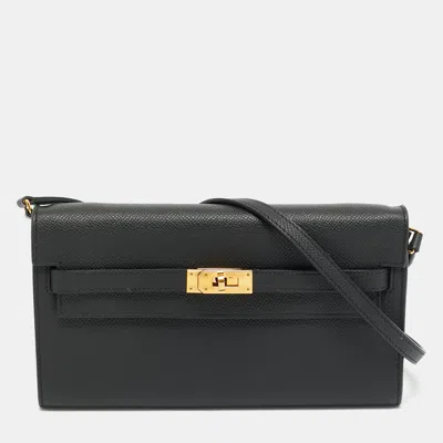 Pre-owned Hermes Hermès Kelly To Go Noir Epsom Leather Wallet In Black