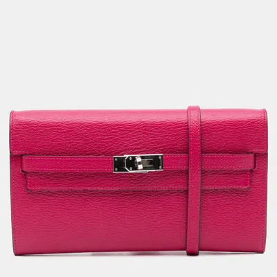 Pre-owned Hermes Kelly To Go Pink Chevre Mysore Leather Wallet