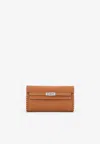 Hermes Kelly To Go Tressage Wallet In Gold And Sesame Epsom With Palladium Hardware In Brown