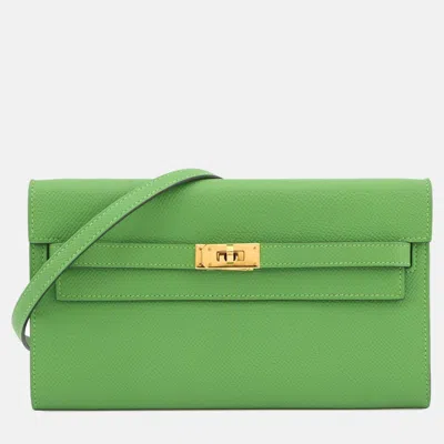 Pre-owned Hermes Kelly To Go Vert Yucca Epsom Calfskin Leather Wallet Bag In Green