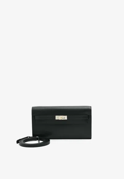 Pre-owned Hermes Kelly To Go Wallet In Black Chamkila Leather In Electrum Hardware