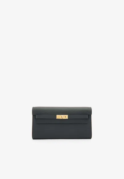 Pre-owned Hermes Kelly To Go Wallet In Black Epsom Leather In Gold Hardware