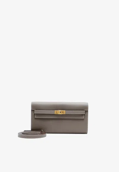 Hermes Kelly To Go Wallet In Etoupe Evercolor With Gold Hardware In Brown