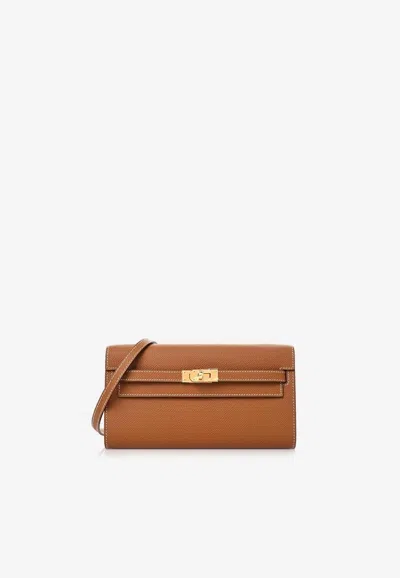 Hermes Kelly To Go Wallet In Gold Epsom With Gold Hardware In Brown