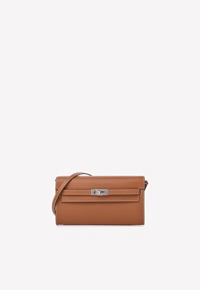 Pre-owned Hermes Kelly To Go Wallet In Gold Epsom With Palladium Hardware In Brown