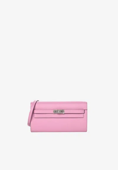 Hermes Kelly To Go Wallet In Mauve Sylvestre Epsom Leather With Palladium Hardware