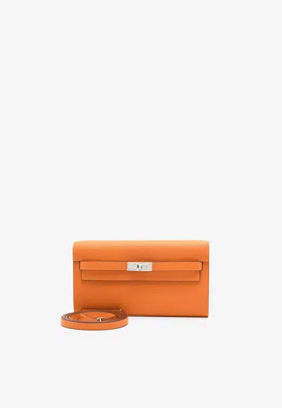 Pre-owned Hermes Kelly To Go Wallet In Orange Epsom With Palladium Hardware