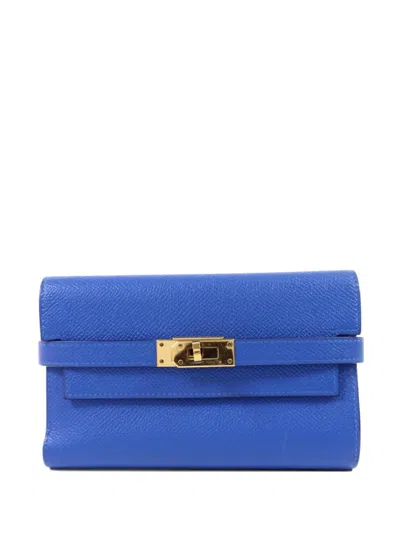 Pre-owned Hermes Kelly Tri-fold Calfskin Wallet In Blue