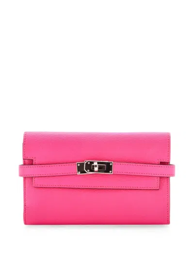 Pre-owned Hermes Kelly Trifold Wallet Chevre Mysore Medium Small Wallets In Pink
