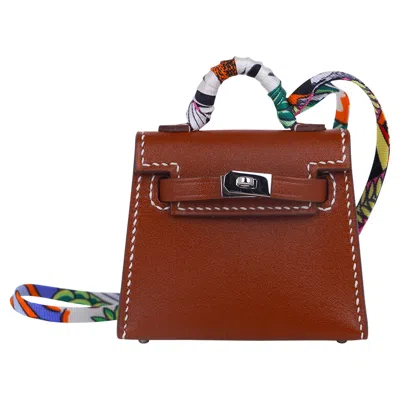 Pre-owned Hermes Kelly Twilly Bag Charm Fauve W/ Palladium Tadelakt Leather In Brown