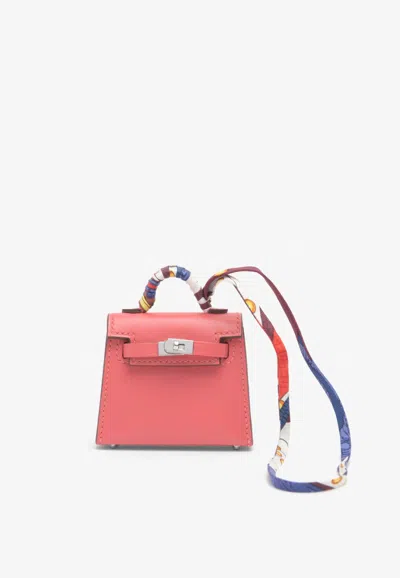 Pre-owned Hermes Kelly Twilly Bag Charm In Rose Lipstick Tadelakt With Printed Silk Strap