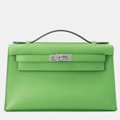 Pre-owned Hermes Kelly Vert Yucca Swift Leather Pochette In Green