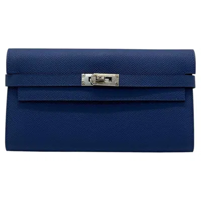 Pre-owned Hermes Kelly Wallet Blue Epsom Palladium Hw R Stamp Leather Clutch