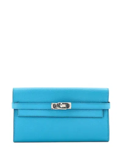 Pre-owned Hermes Kelly Wallet Chevre Mysore Long Small Wallets In Blue