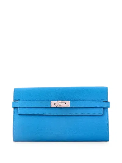 Pre-owned Hermes Kelly Wallet Chevre Mysore Long Small Wallets In Blue