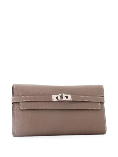 Pre-owned Hermes Kelly Wallet Chevre Mysore Long Small Wallets In Gray
