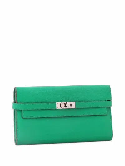 Pre-owned Hermes Kelly Wallet Chevre Mysore Long Small Wallets In Green