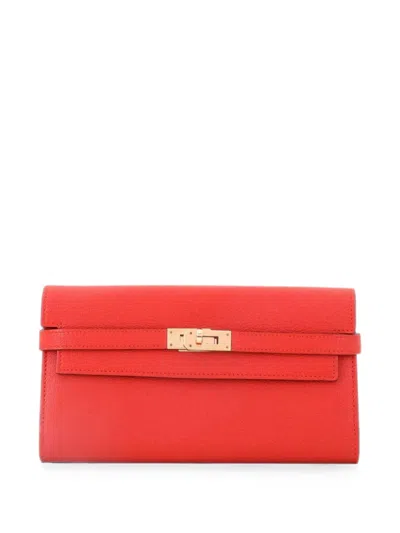 Pre-owned Hermes Kelly Wallet Chevre Mysore Long Small Wallets In Red