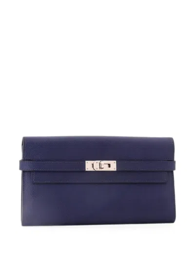 Pre-owned Hermes Kelly Wallet Epsom Long Small Wallets In Blue
