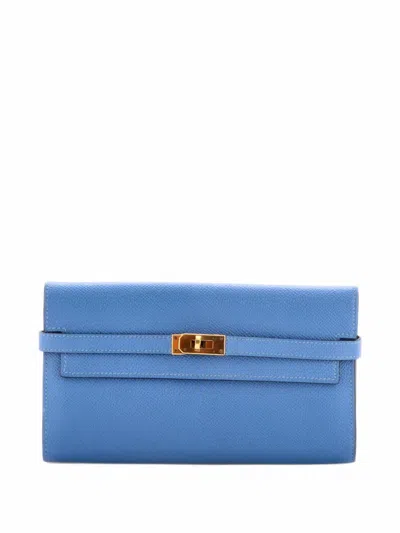 Pre-owned Hermes Kelly Wallet Epsom Long Small Wallets In Blue