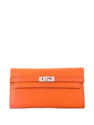 Pre-owned Hermes Kelly Wallet Epsom Long Small Wallets In Orange