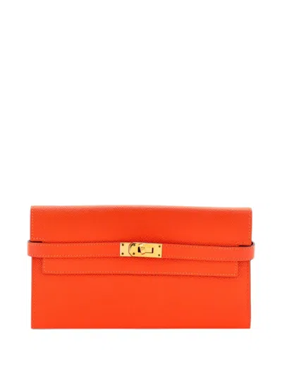 Pre-owned Hermes Kelly Wallet Epsom Long Small Wallets In Orange