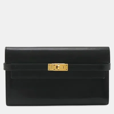 Pre-owned Hermes Kelly Wallet Long Bi-fold Box Calf Leather Black