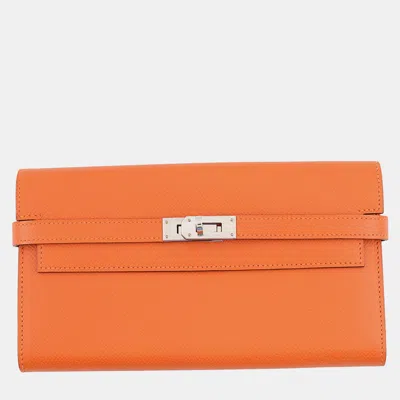 Pre-owned Hermes Kelly Wallet Long Orange Epsom